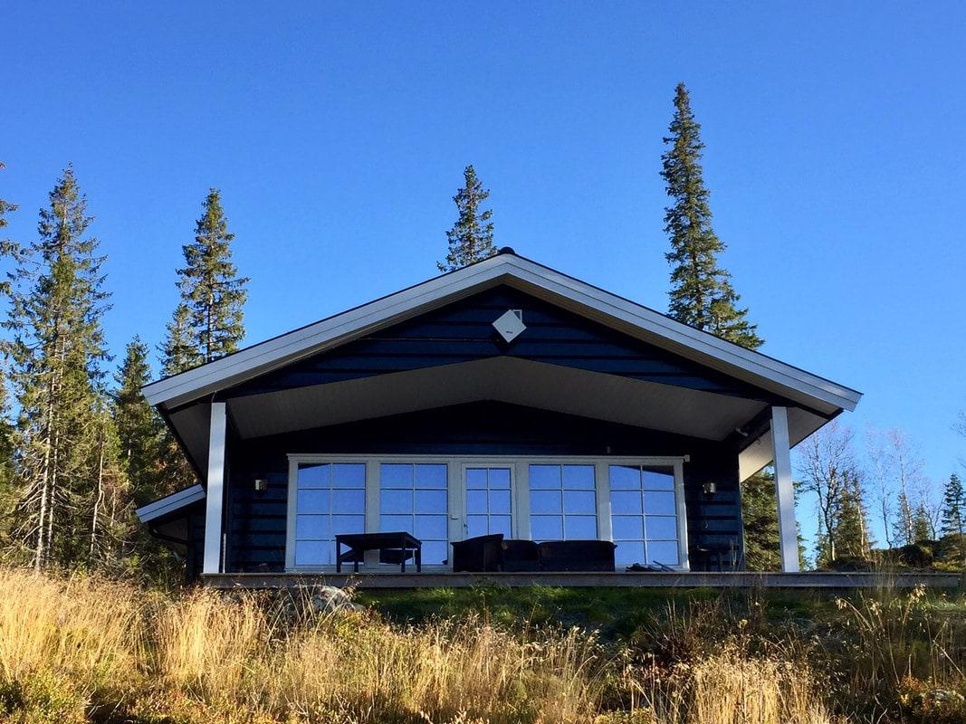 Mørk hytte med glassparti under blå himmel, granskog bak